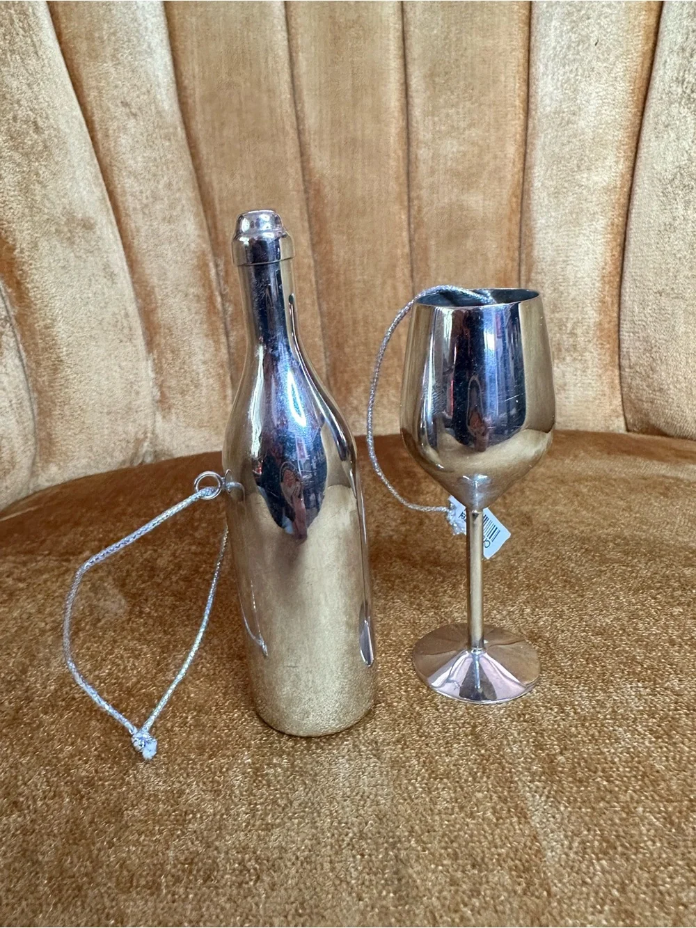 Crate&Barrel Silver Metallic Wine Bottle and Goblet Glass Ornaments